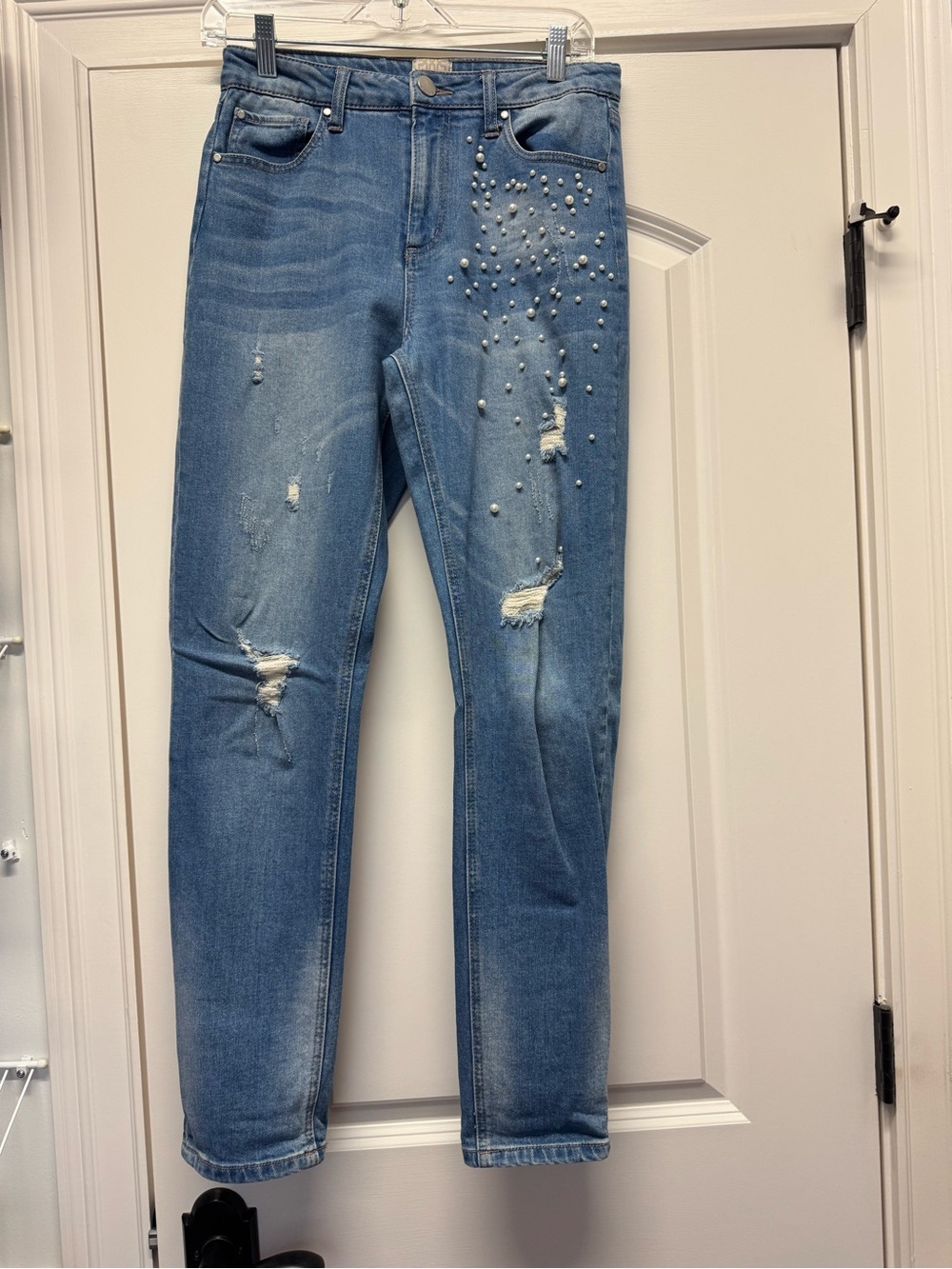 Gianni Bini Light Blue Slim Straight Jeans with Pearl Studs